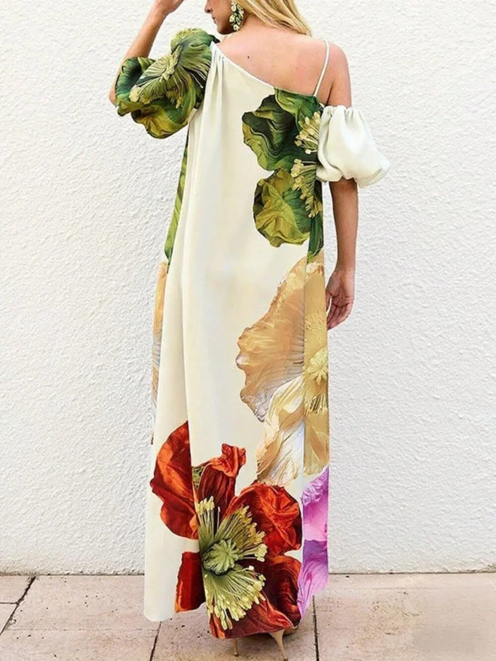 White Casual Women's Elegant Floral Print Off-Shoulder Puff Sleeve Dress - Picture 2 of 4